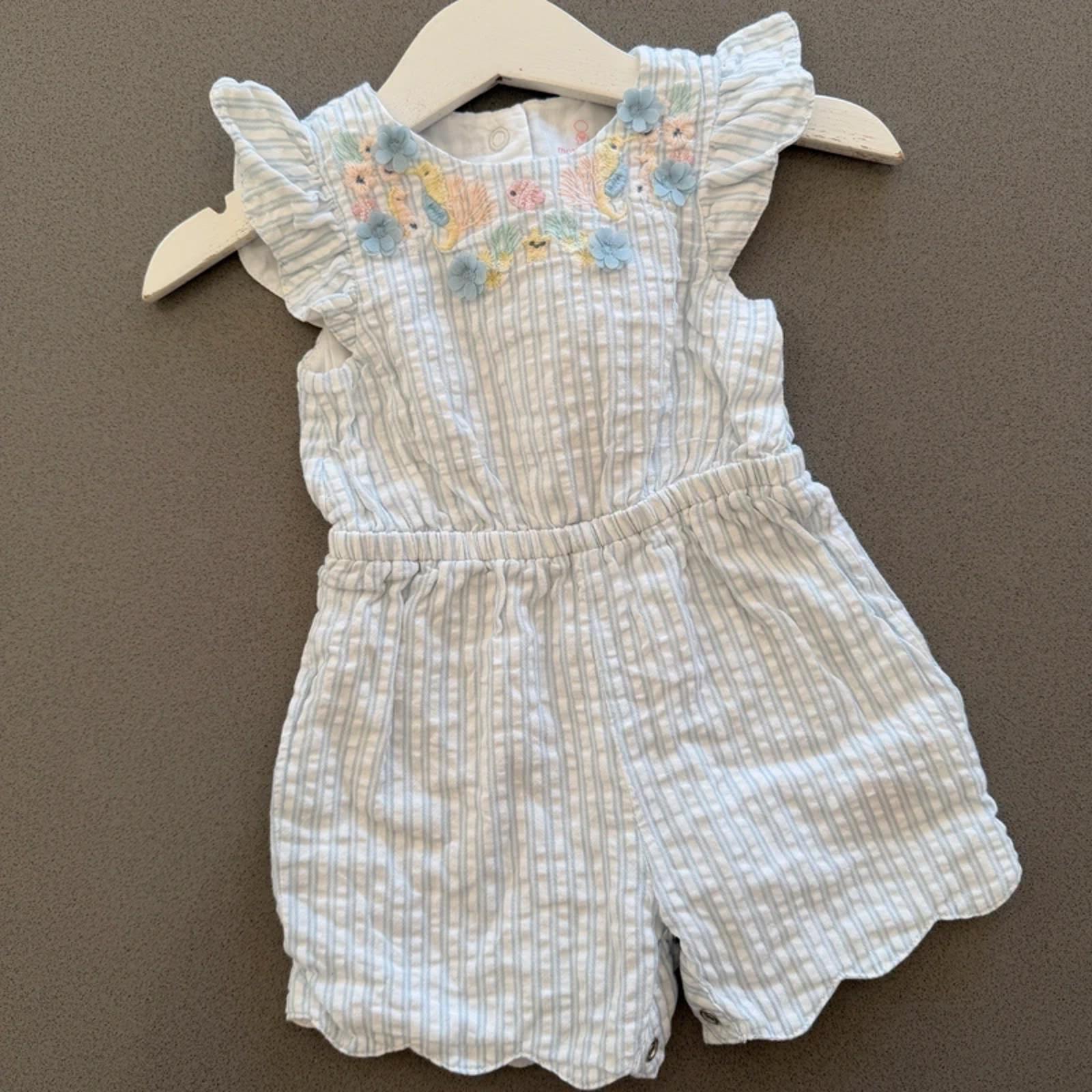Baby Girl 3-6 months Mothercare Blue Striped Fish & Flower Lined Romper (58 19)