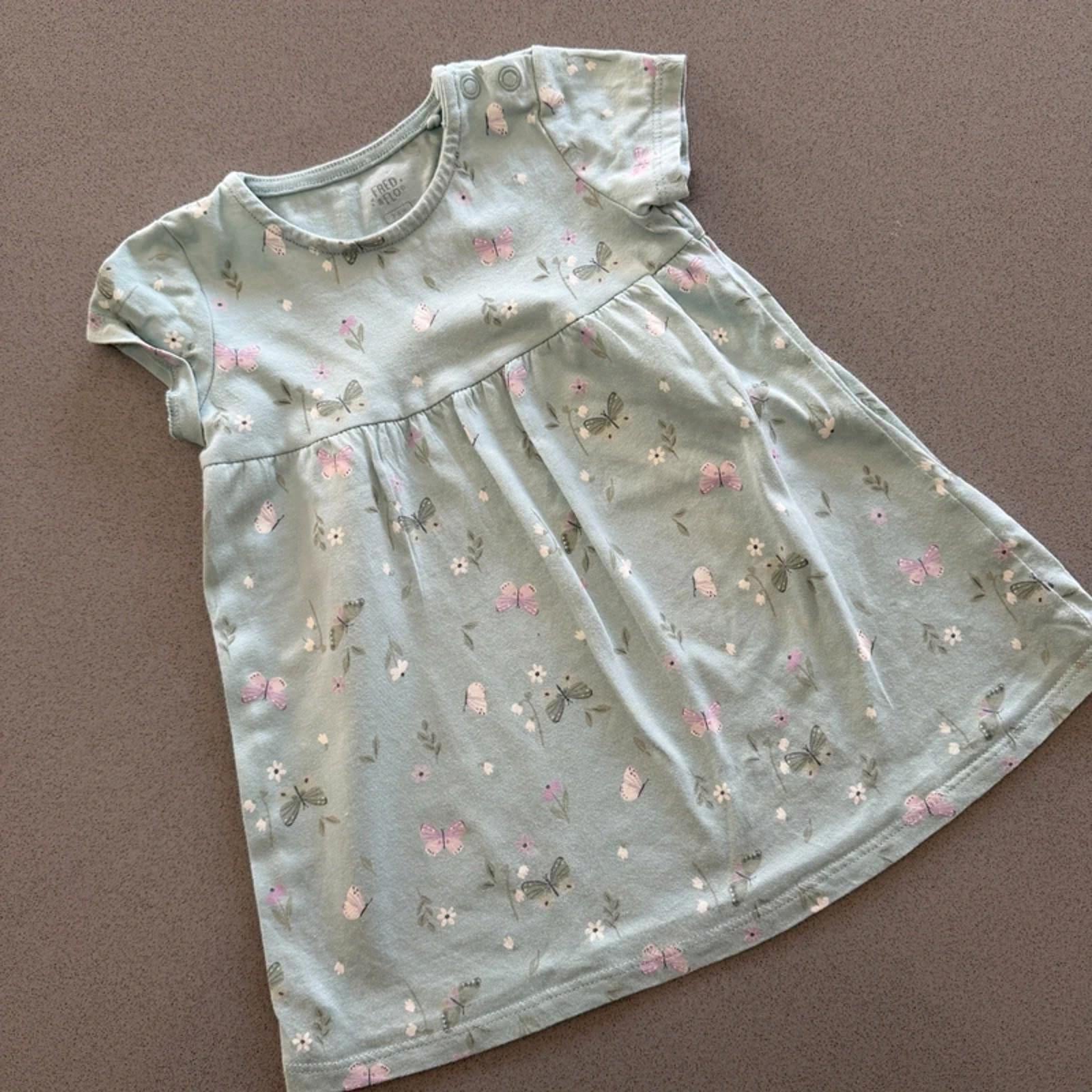 Baby Girl 3-6 months F&F Green Short Sleeve Jersey Dress Butterfly Flower (1502)