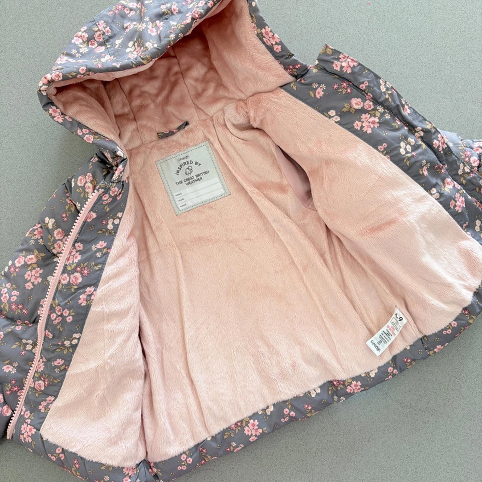 Baby Girl 6-9 months George Grey Floral Winter Hooded Coat Anorak(16 10)