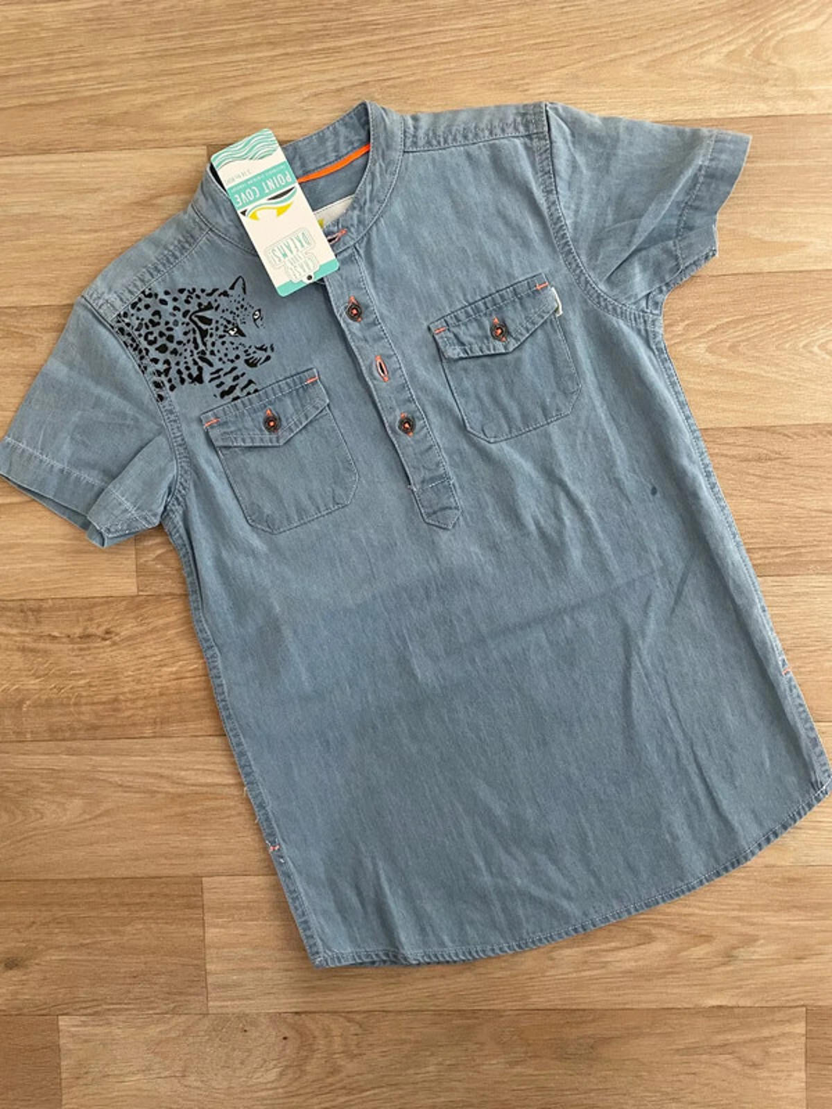 Young Boy age 5-6 years Point Cove Blue Chambray Band Collar Shirt (24 04)