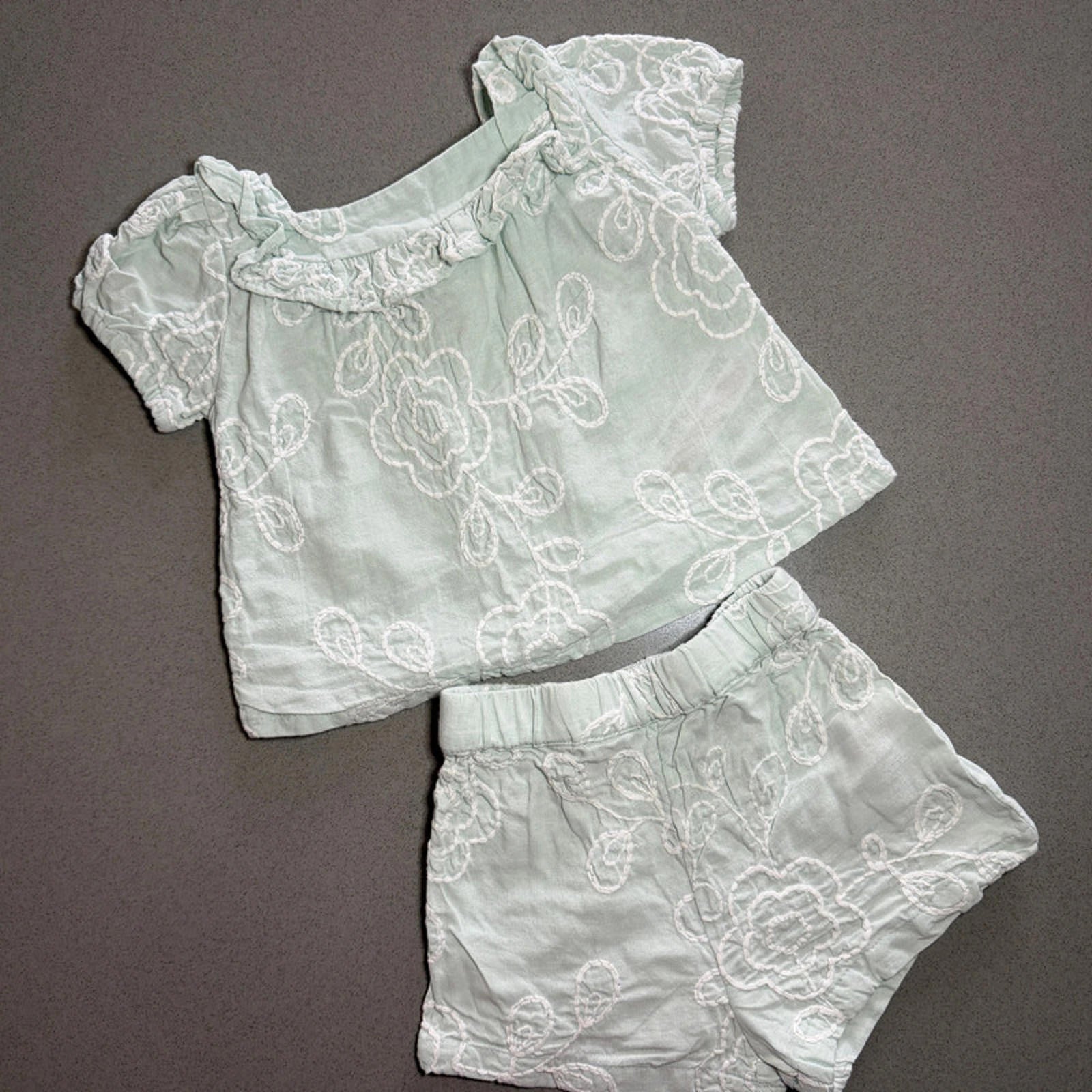 Baby Girl 6-9 months Primark Green Crewel Work 2 piece Summer Outfit (61 67)