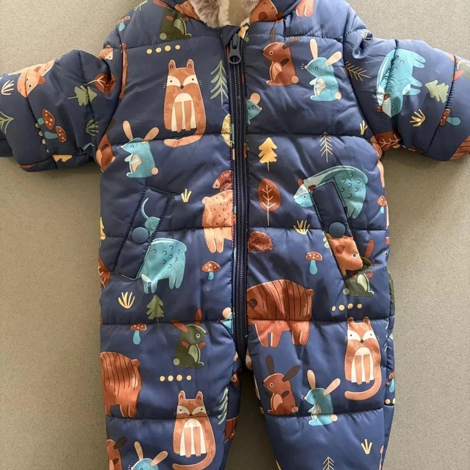 Baby Boy 0-3 months George Blue Woodland Animals Hooded Snowsuit (54 29)