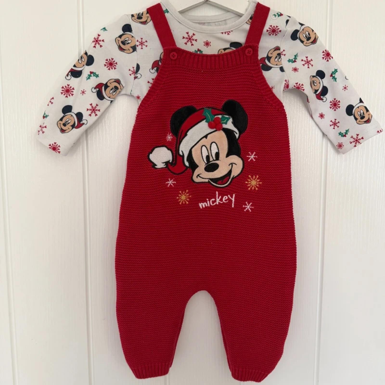 Baby Girl 3-6 months Disney Primark Red Knitted Christmas Mickey Dungaree Set (38 11)