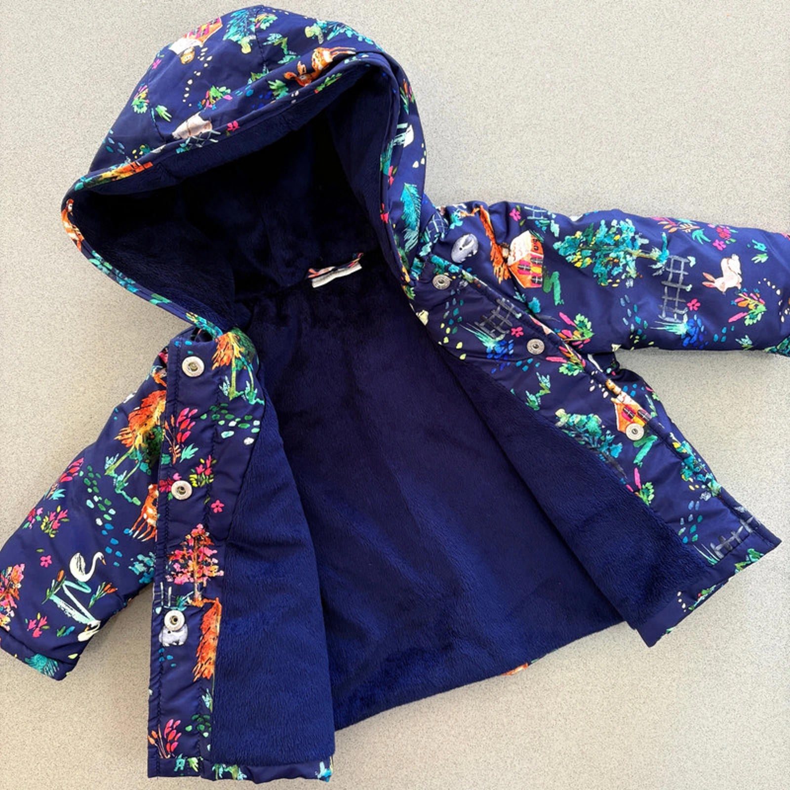 Baby Girl 3-6 months Next Blue Fleece Lined Hooded Winter Coat Animals (31 16)