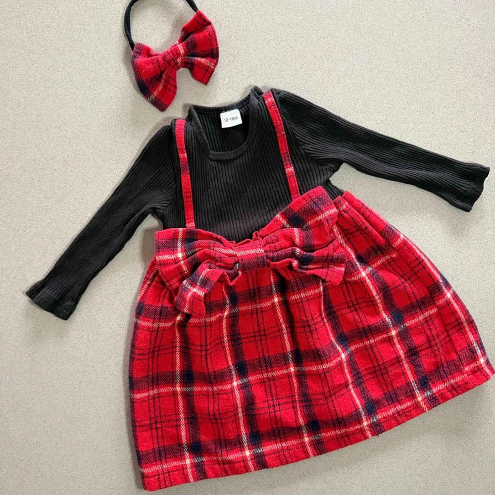 Baby Girl 12-18 months Red Black Checked Long Sleeve Dress & Headband (63 15)