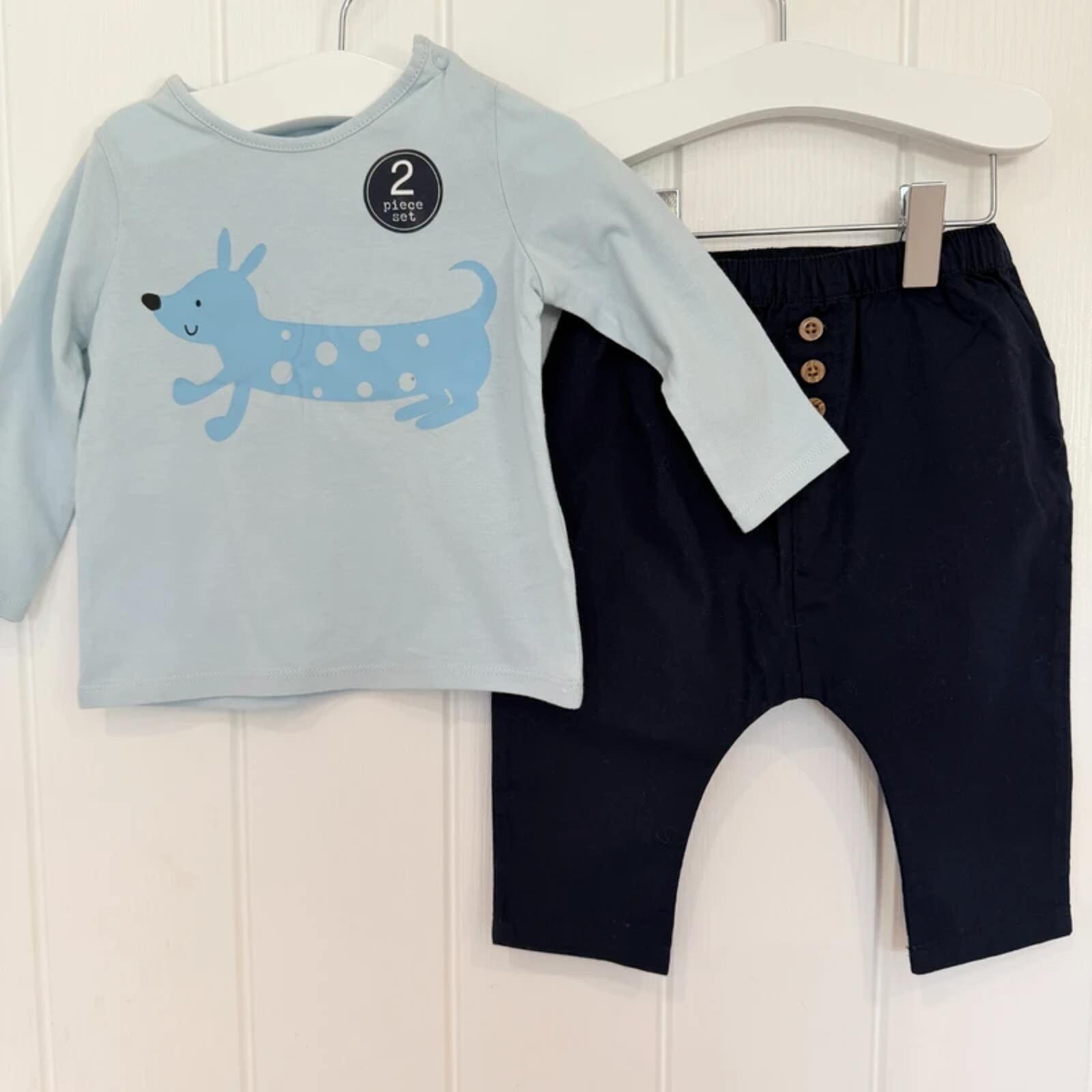 Baby Boy 6-9 months Next Sp Blue Long Sleeve Dog Themed T-shirt & Trousers (22 03)