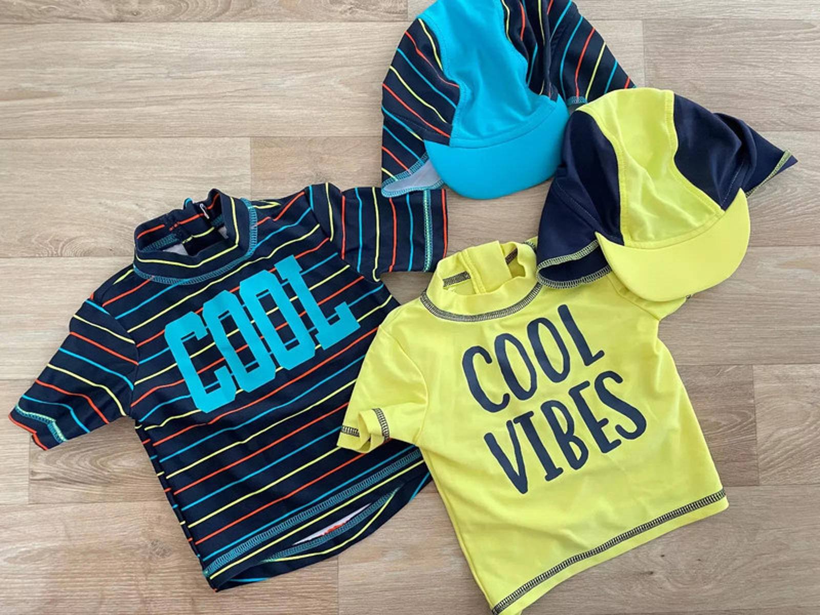 Baby 6-9 months Boy Primark Set of 2 Cool Short Sleeve Swim Tops & Matching Hats