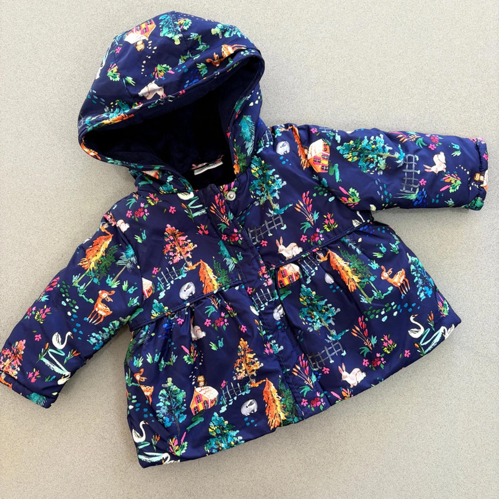 Baby Girl 3-6 months Next Blue Fleece Lined Hooded Winter Coat Animals (31 16)