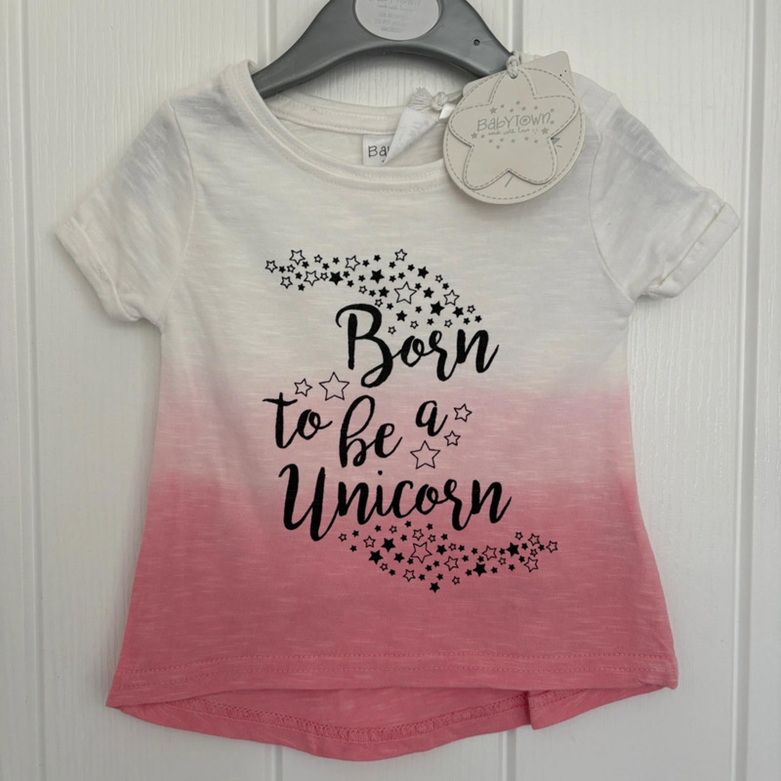 Baby Girl 3-6 months Babytown Pink White Ombre Born to Be a Unicorn T-shirt BNWT New (32 07)