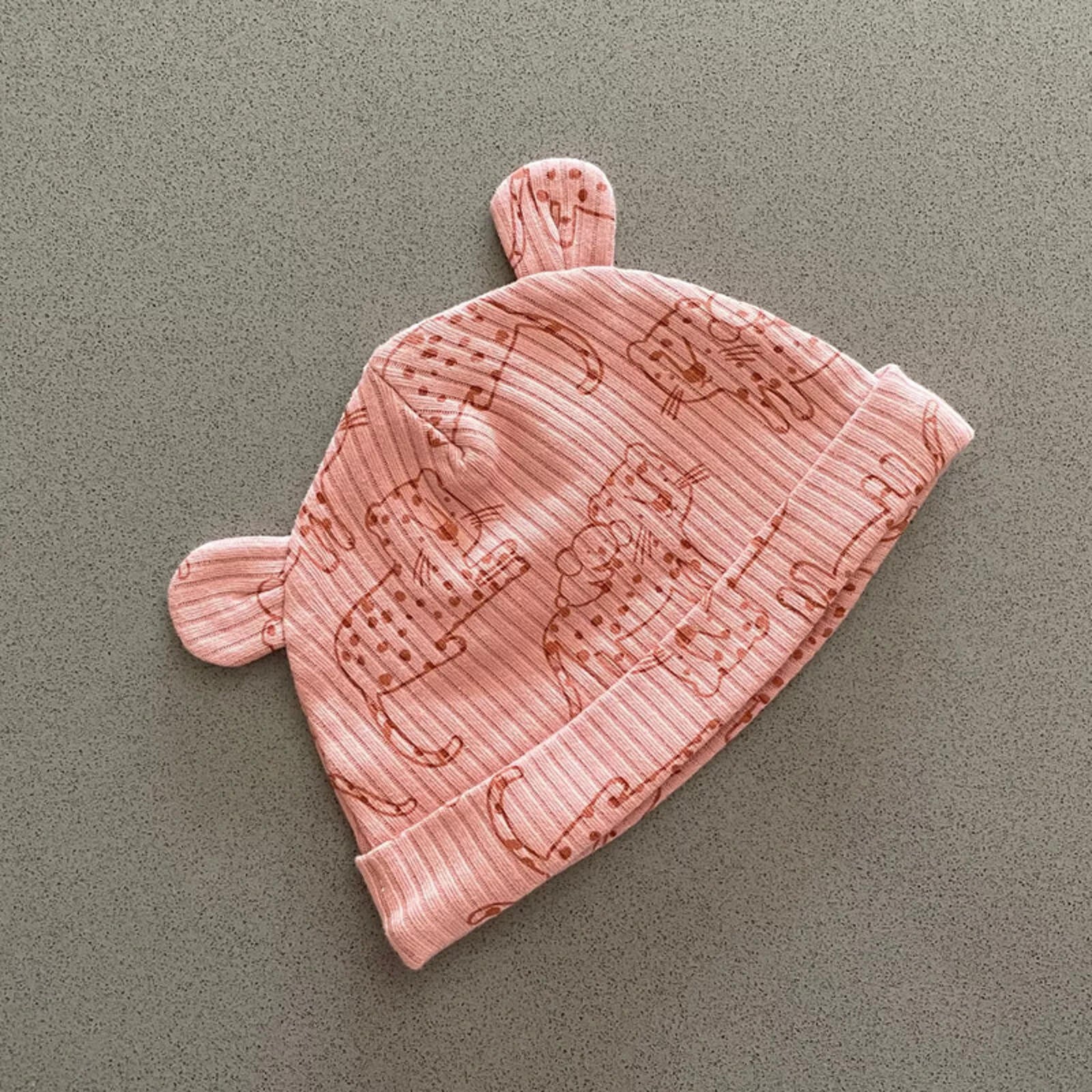 Baby Girl 0-3 months George Pink Ribbed Beenie Hat  Ears Leopard Lined (19 27)