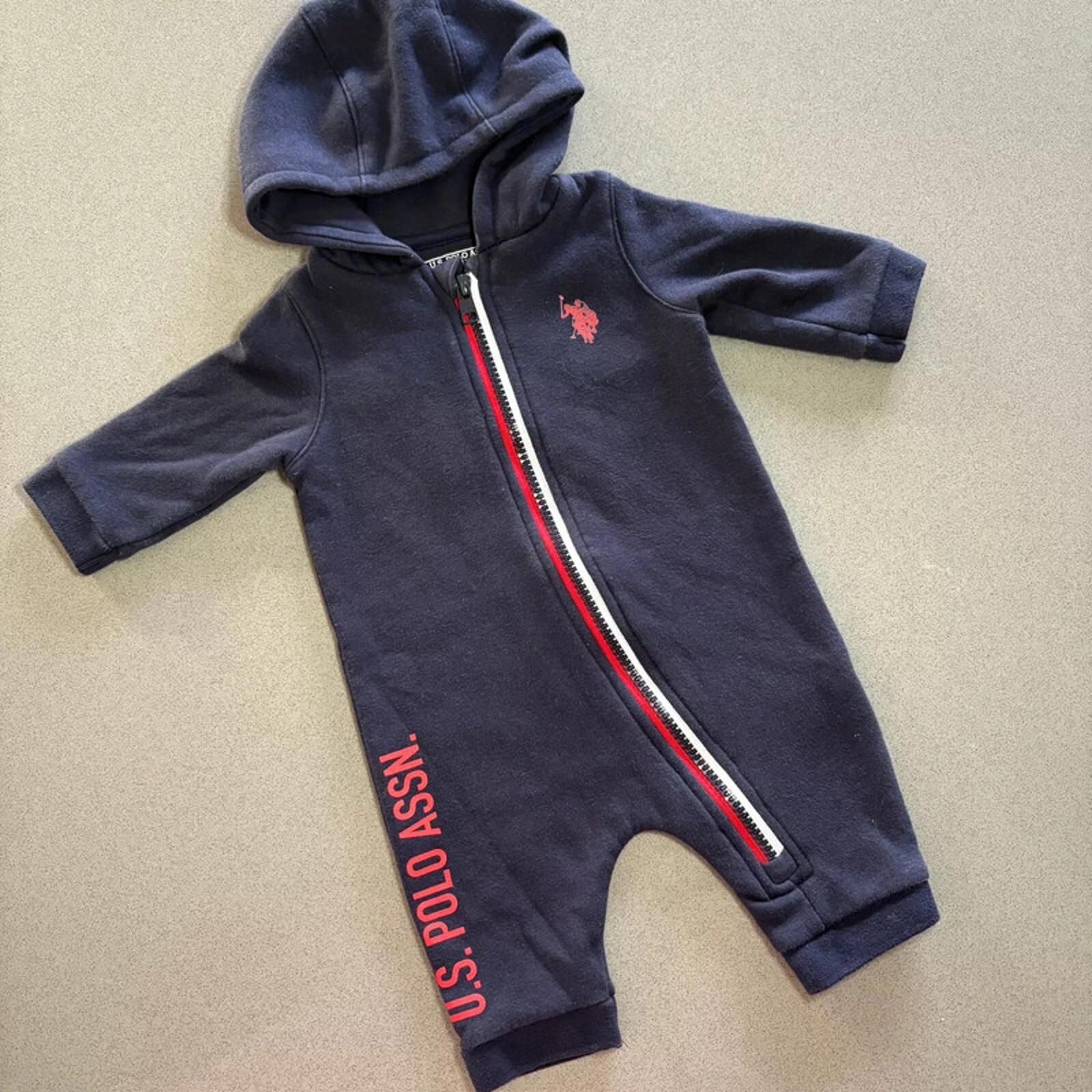 Baby Boy 0-3 months US Polo Assn. Blue Hooded Full Zip Romper (38 06)