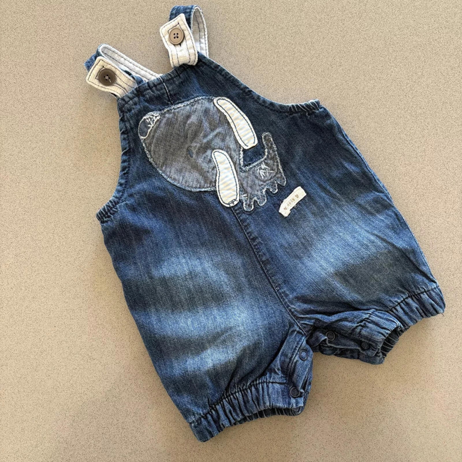 Baby Boy 0-3 months NEXT Blue Denim Applique Dog Short Dungarees Lined (43 22)