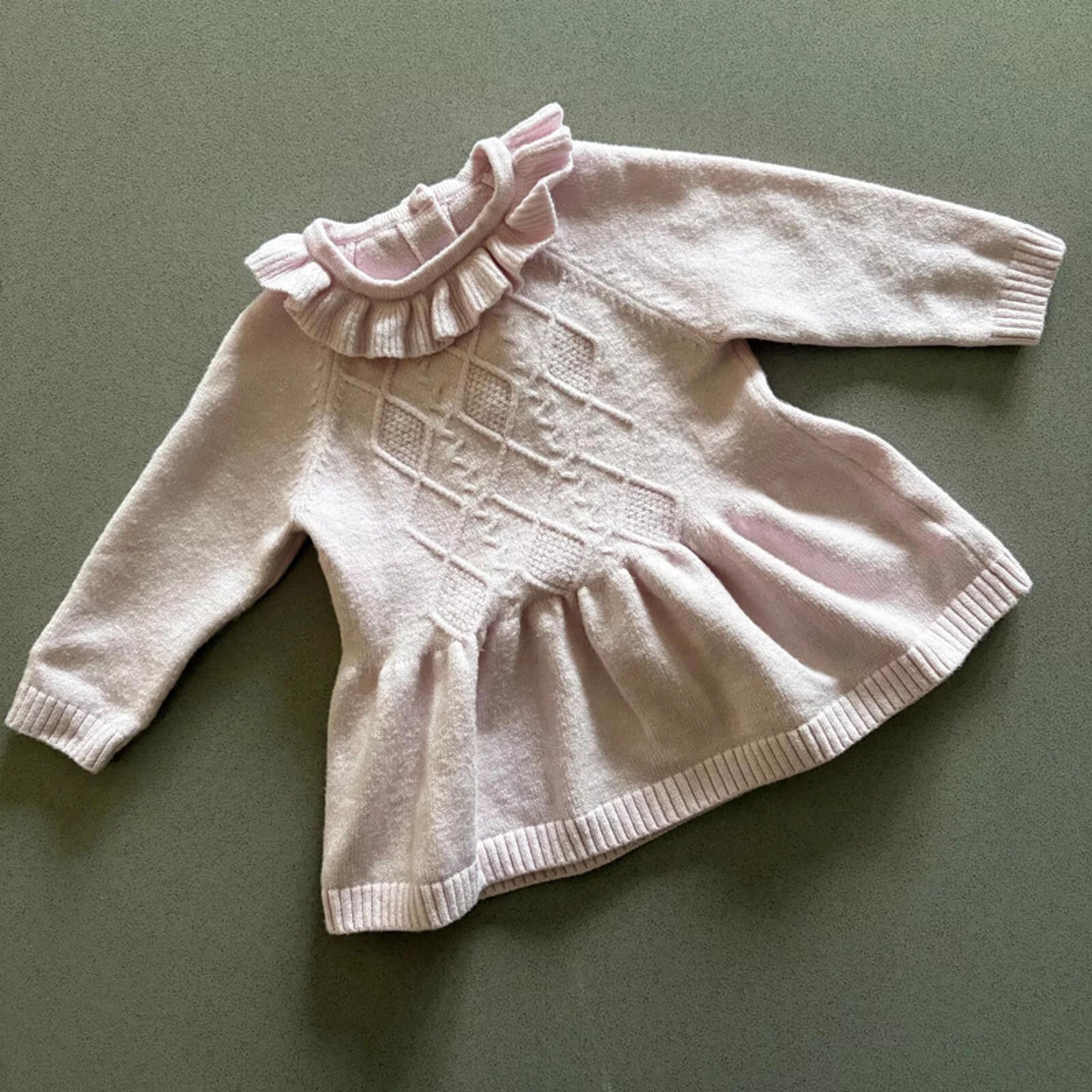 Baby Girl 0-3 months Nutmeg Pink Knitted Short Dress Long Sleeves Ruffles (4006)