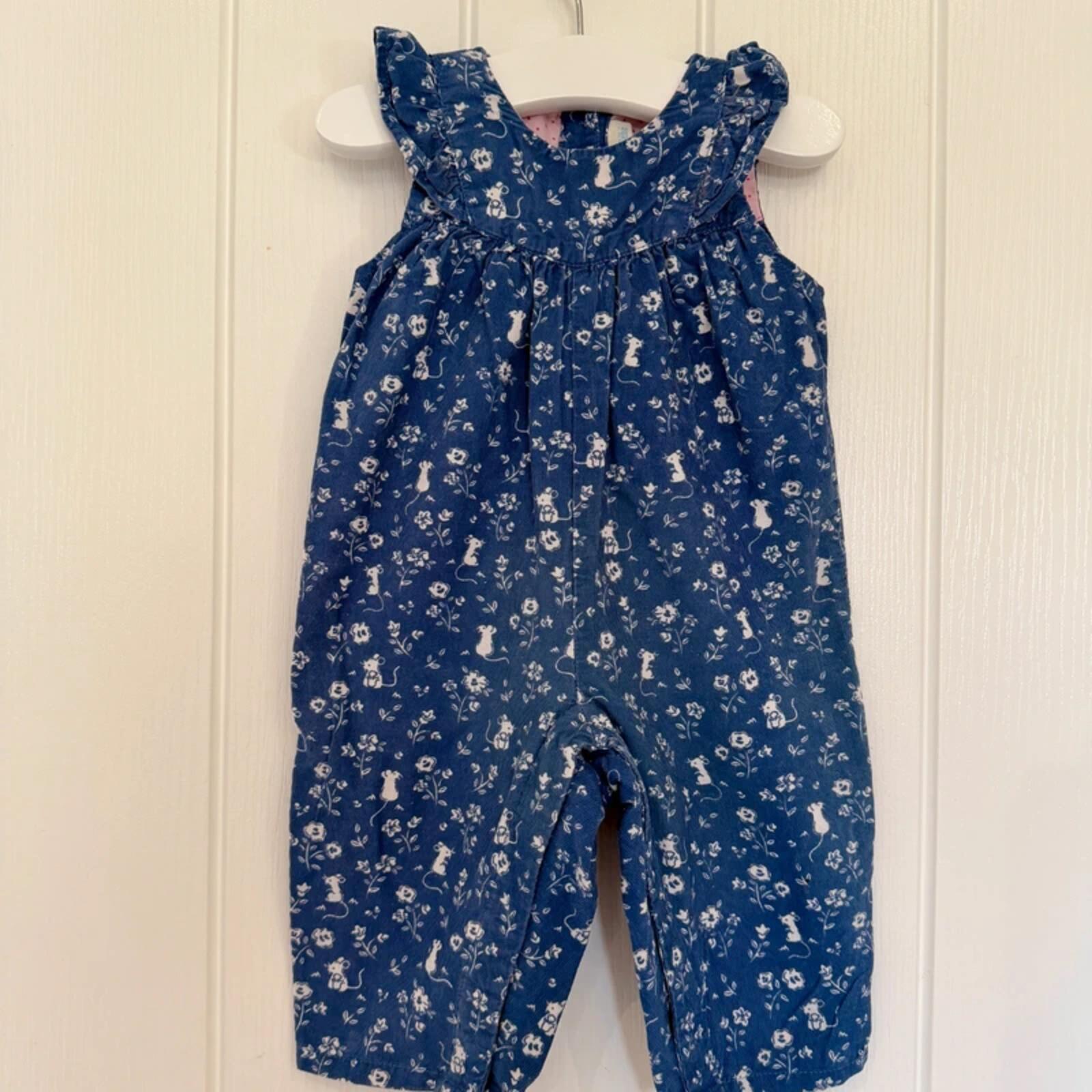 Baby Girl 3-6 months JoJo Maman Bebe Blue Corduroy Mouse Flowers Romper (42 23)