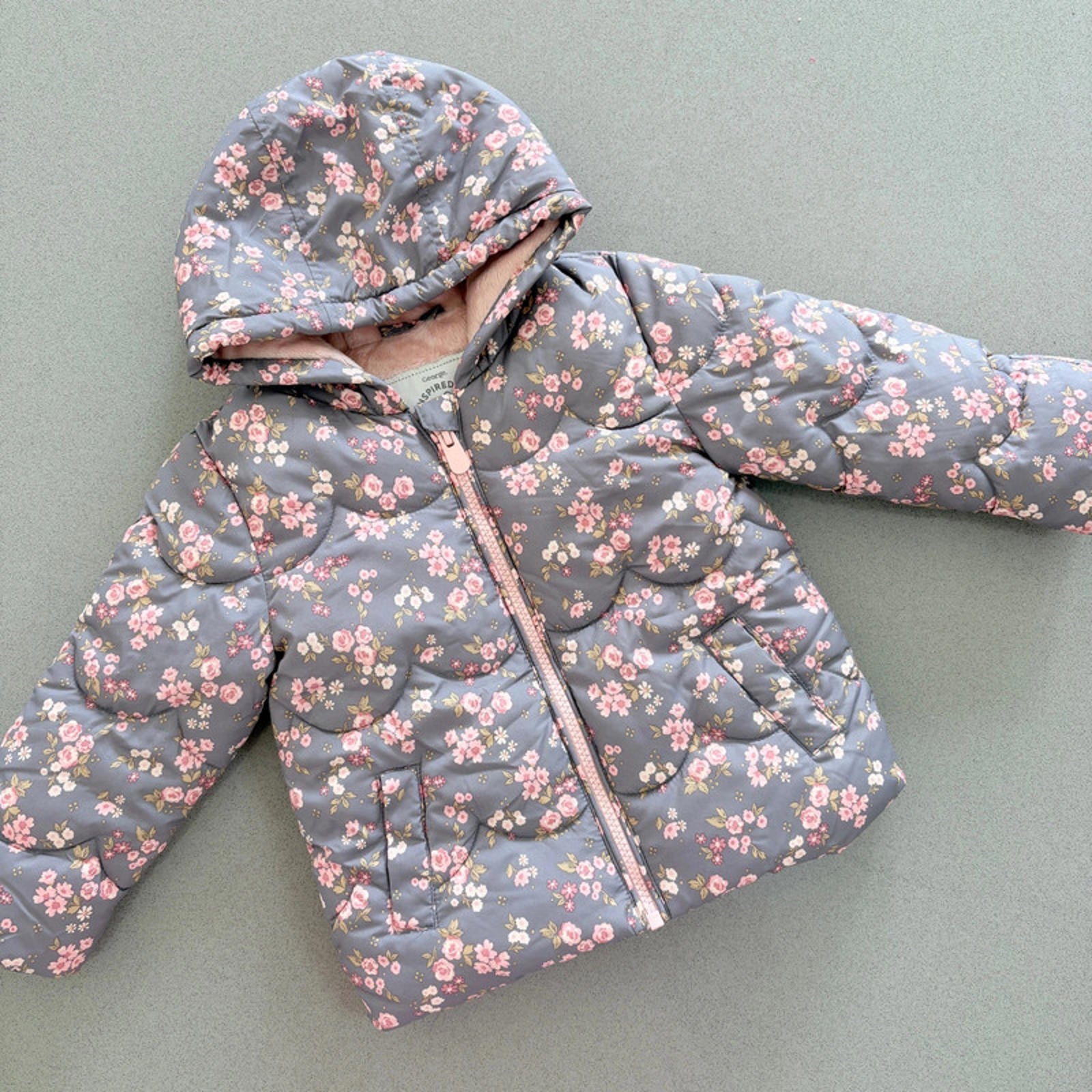 Baby Girl 6-9 months George Grey Floral Winter Hooded Coat Anorak(16 10)