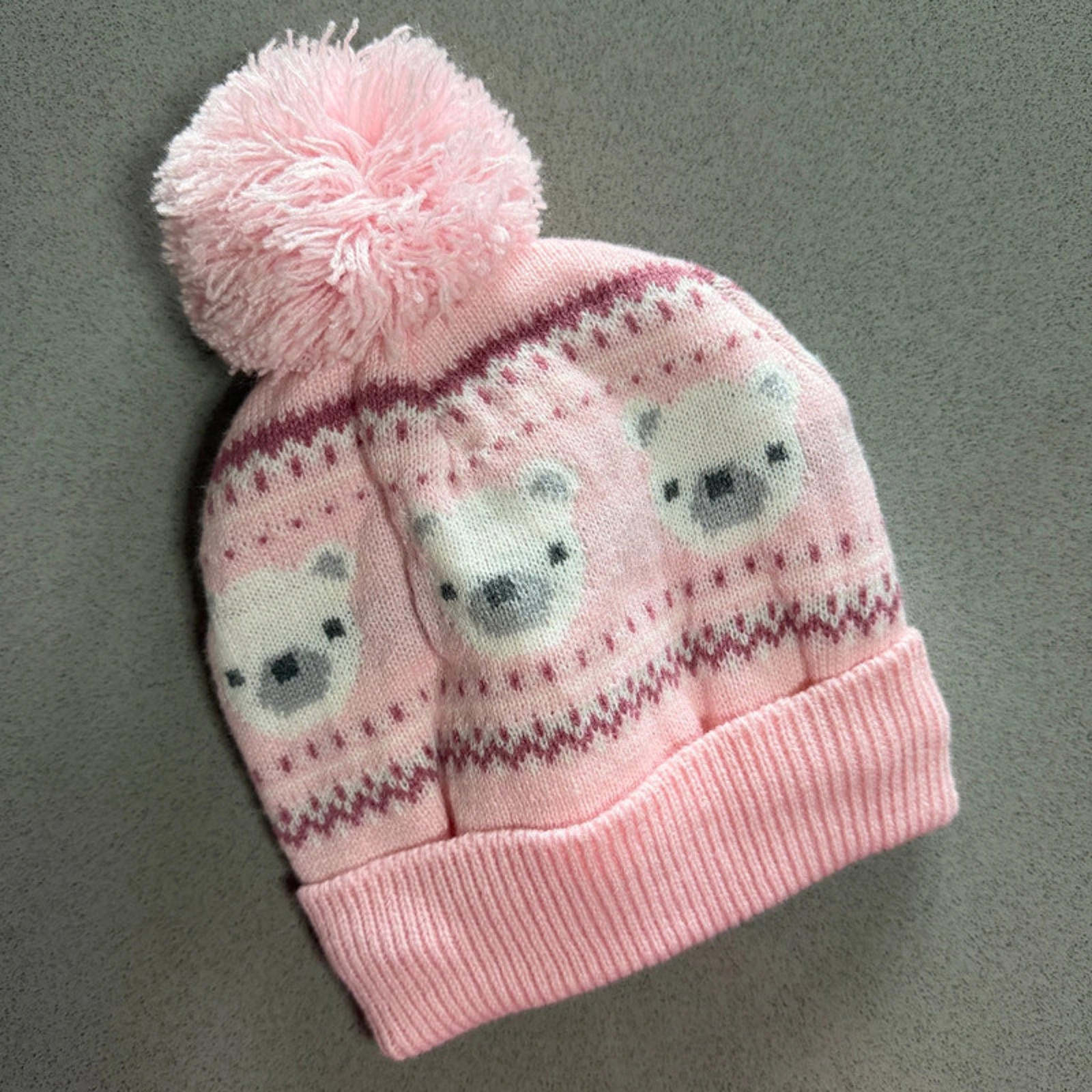 Baby Girl 6-12 months Nutmeg Fleece Lined Pink Bear Bobble Hat (50 25)