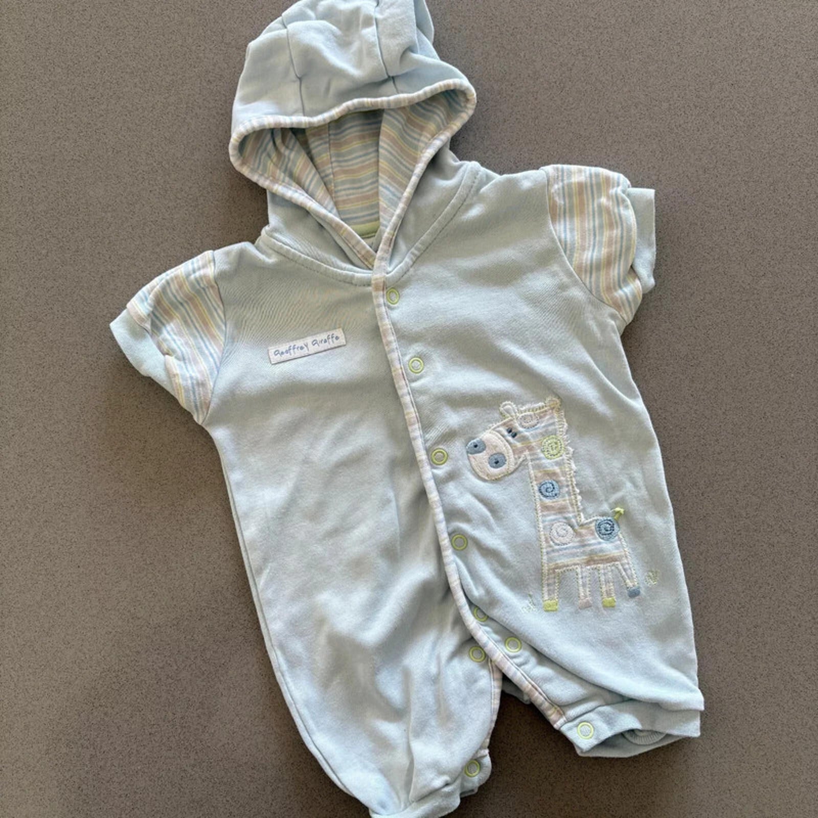 Baby Boy 0-3 months Babyblue Hooded Romper Applique Giraffe Short Sleeve (44 03)