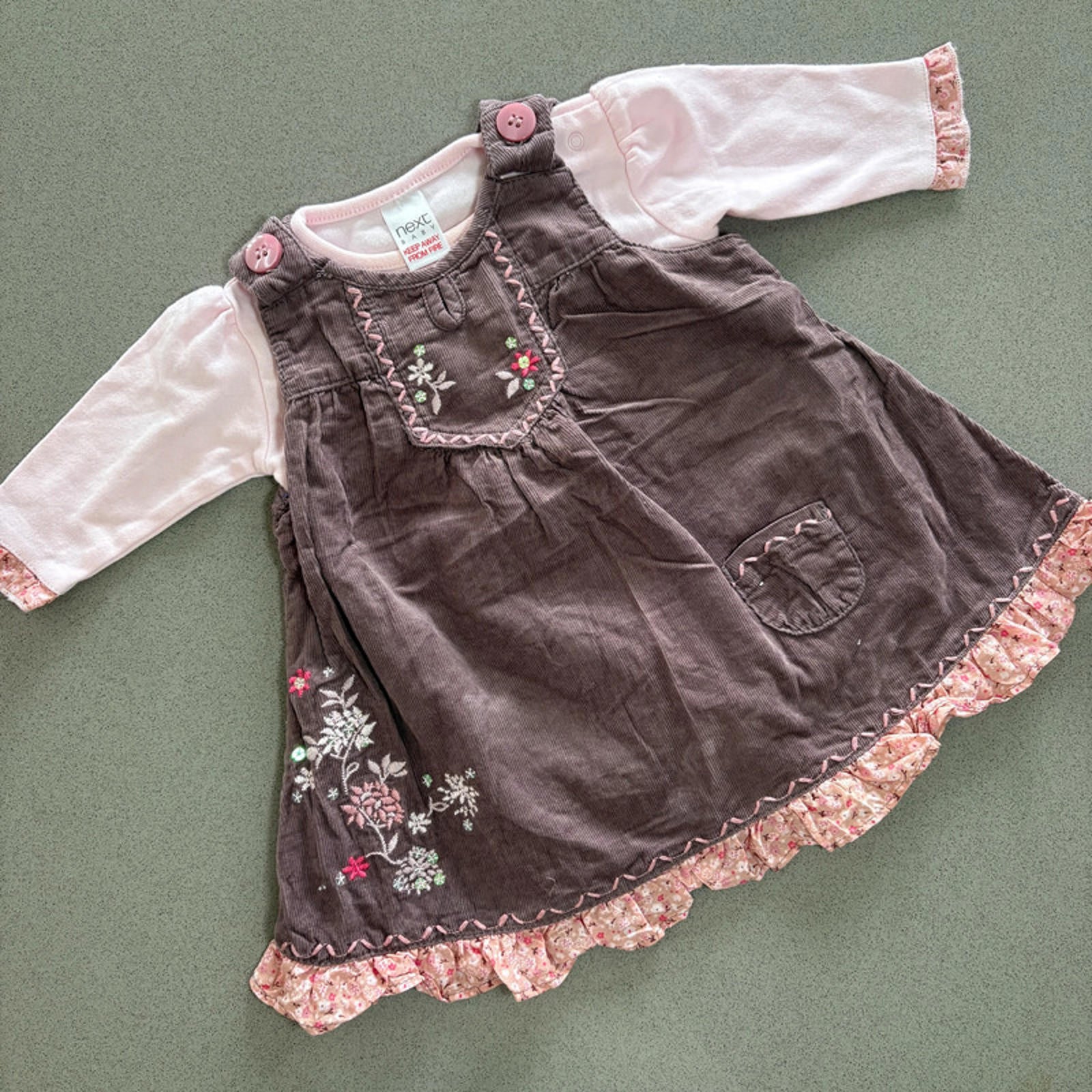 Baby Girl 0-3 months Next Brown Embroidered Corduroy Pinafore Dress set (19 10)