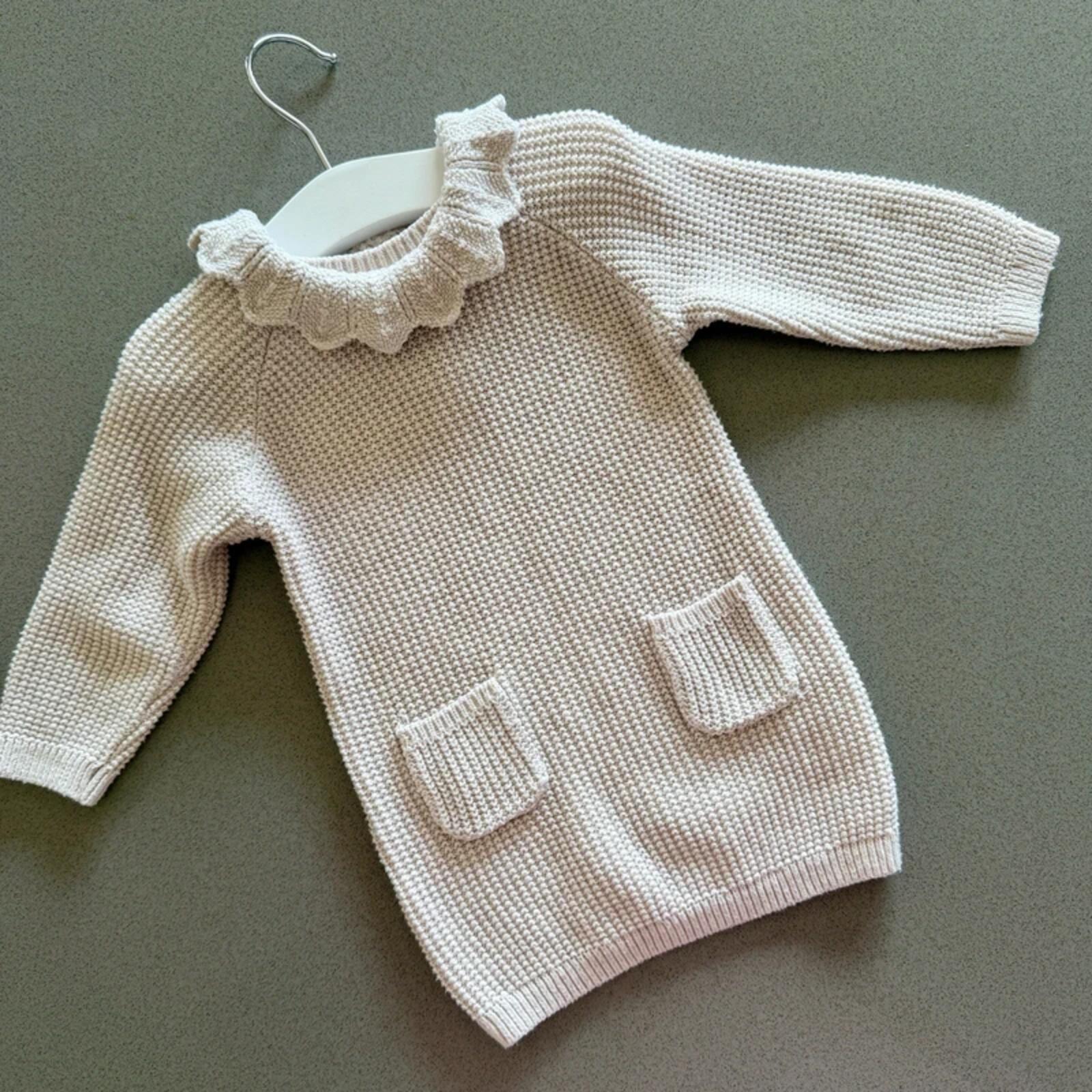 Baby Girl 3-6 months Primark Beige Knitted Jumper Dress with Collar (30 01)