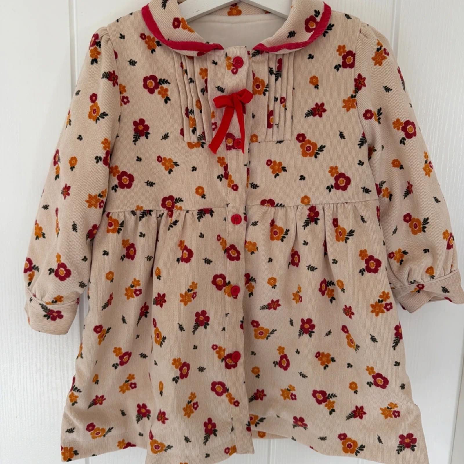 Baby Girl Size 90 18-24 months Beige Floral Fleece Lined Dress (17 28)