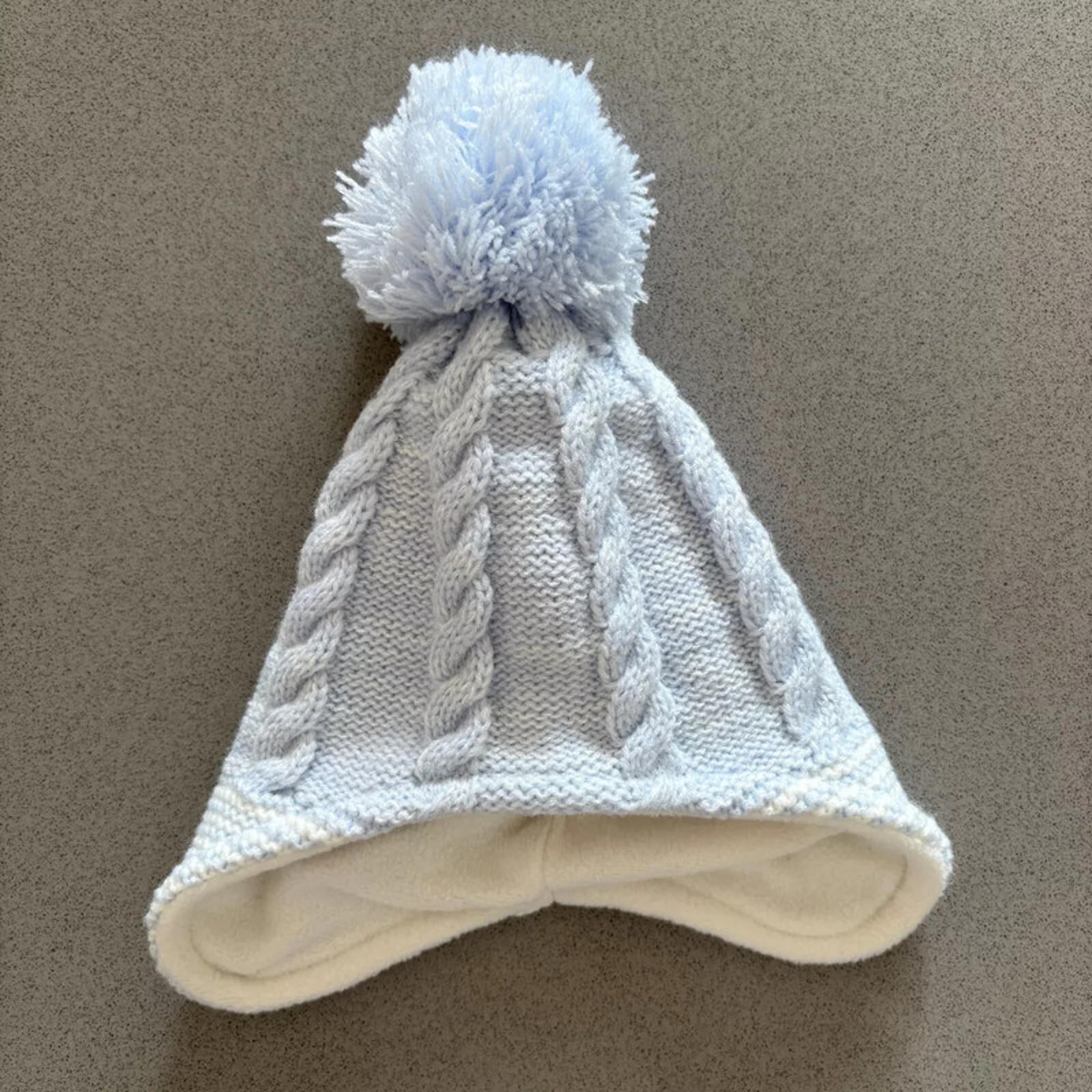 Baby Boy 0-3 months Nutmeg Blue White Cable Knit Fleece Lined Bobble Hat (25 35)