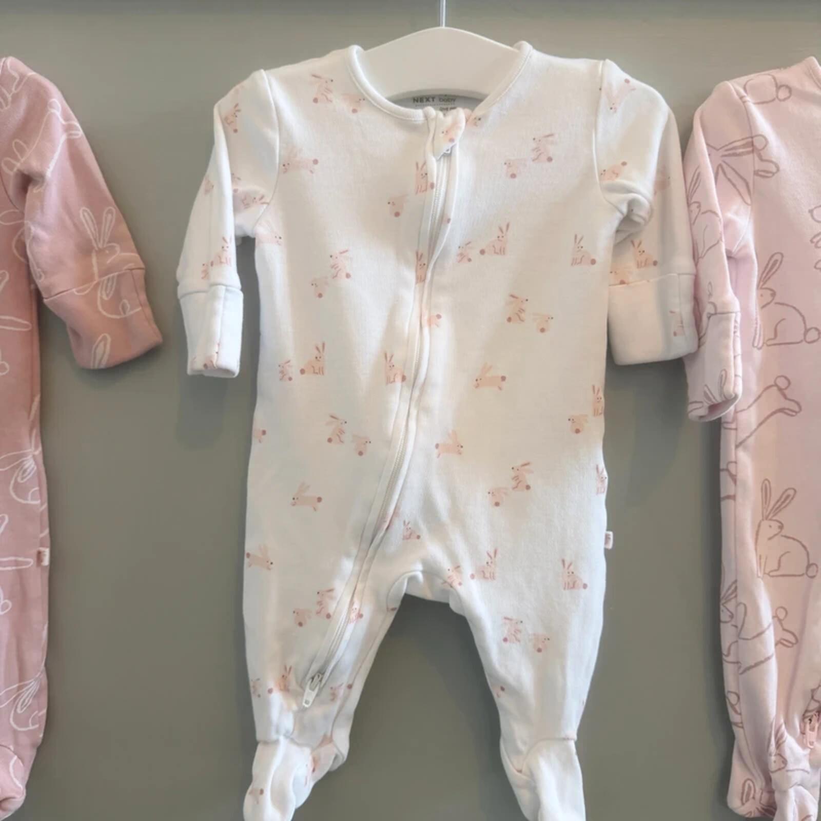 Baby Girl 1 month 4.5 kg Next Set 3 Pink White Bunny Zip Up Babygrows (16 03)