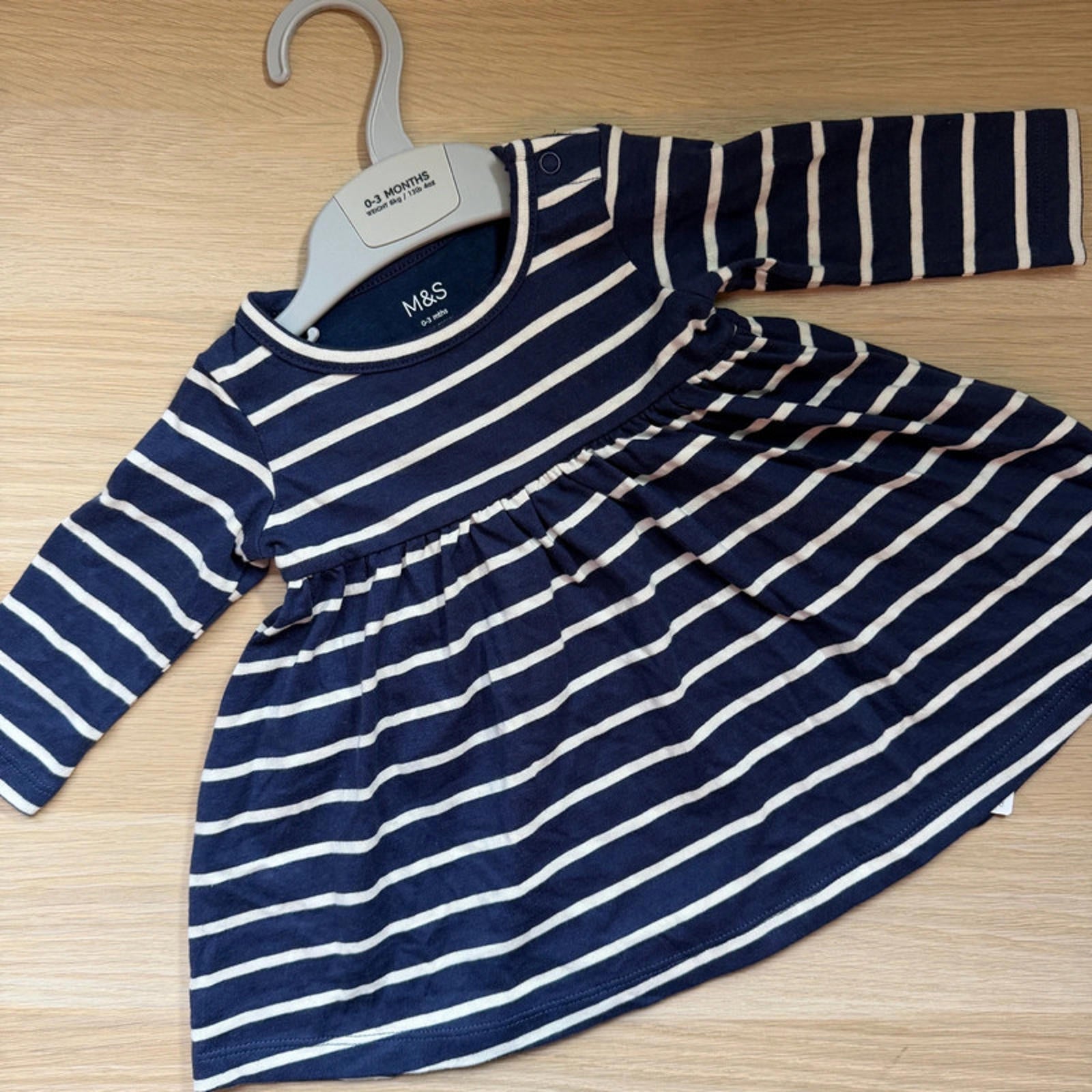 Baby Girl 0-3 months Marks and Spencer Blue Striped Long Sleeve Dress (22 25)